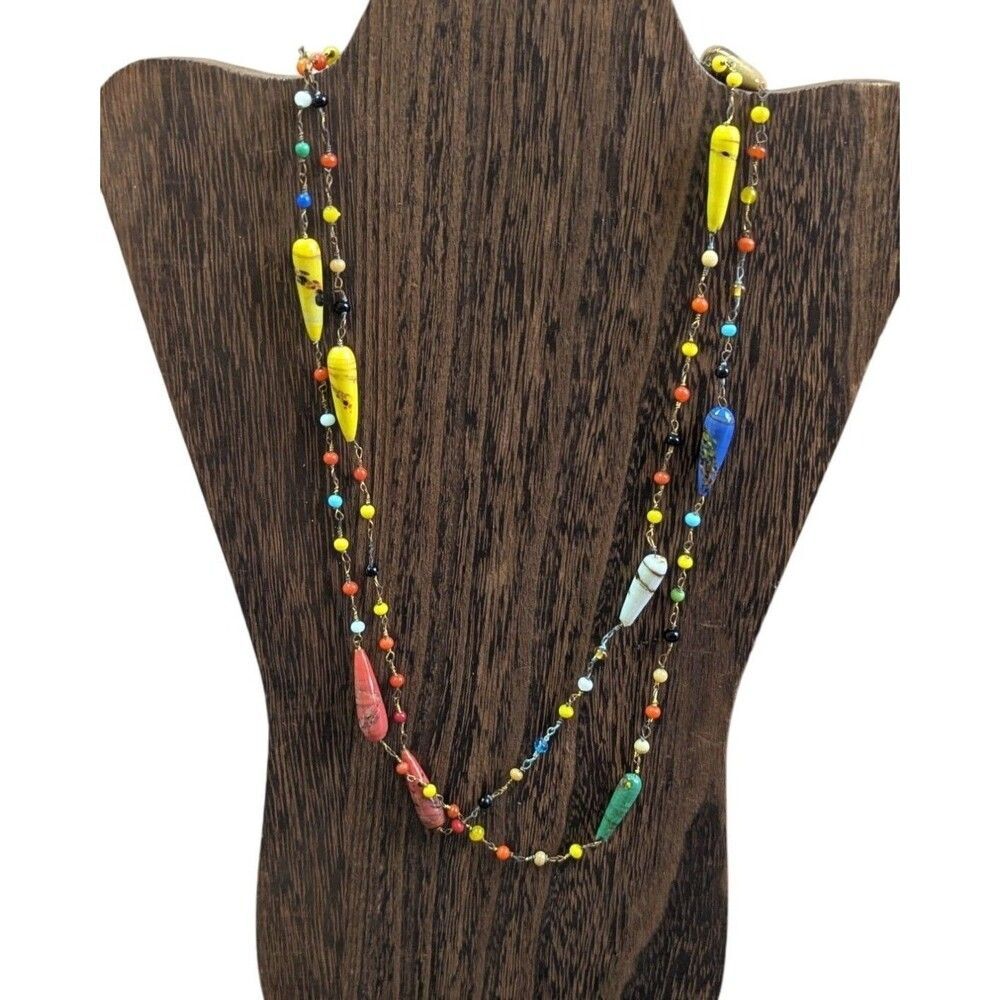 Vintage Multicolor Lampwork Glass Teardrop Bead Necklace 42 Inch Long Wire Link